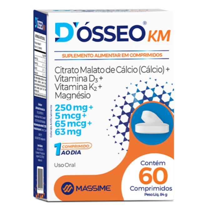 D'ósseo Km 60 comprimidos - Cálcio, Magnésio, D3 E K2 