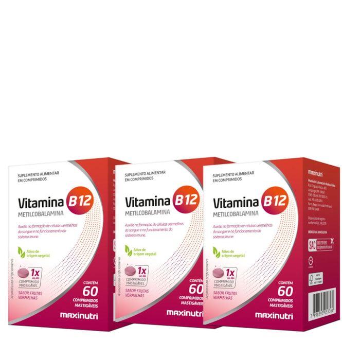 Kit 3 und - VITAMINA B12 MASTIGAVEIS 180 gomas - Maxinutri 