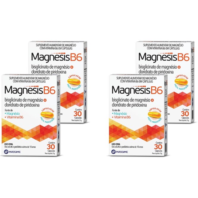 Kit 4 Magnesis B6 600mg 30 Cáps - Massime (magnen B6) -